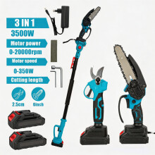 Scie à perche sans fil 3-en-1, tronçonneuse et sécateur télescopique réglable 100-200 cm, moteur sans balais pour branches hautes
