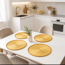 Ochre Round Pom Pom Placemats Set of 4 38cm
