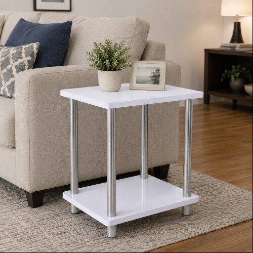 White High Gloss 2-Tier Side Table Stainless Legs 1