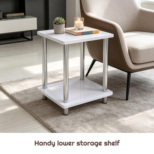 White High Gloss 2-Tier Side Table Stainless Legs 2