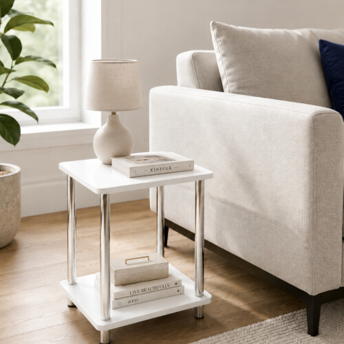 White High Gloss 2-Tier Side Table Stainless Legs