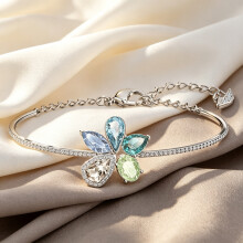 2026 New Bracelet Silver Thin Bangle Bracelet Multi Color Pear Crystal Flower Charm Adjustable Summer Women Wrist Jewelry SOB0025