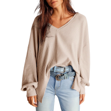 Blusa tipo túnica para mujer de punto gofrado Casual Oversize con cuello en V Beige XXL — camisa manga larga