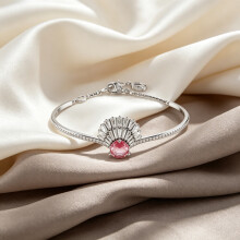 2026 New Bracelet Silver Fan Shape Pink Round Crystal Bangle Pave Rhinestone Women Adjustable Bracelet 5680298