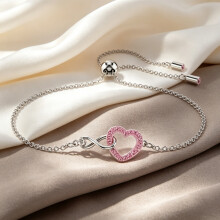2026 New Bracelet Silver Infinity & Pink Crystal Hollow Heart Slider Bracelet Dainty Women Love Wrist Jewelry SOB0028