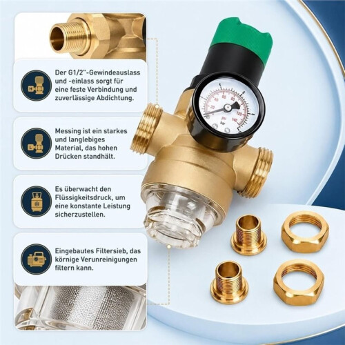 Régulateur de Pression D'Eau 1 Pouce DN25 avec Manomètre. Régulateur de Pression Robuste avec Valeurs de Pression Réglables. 2