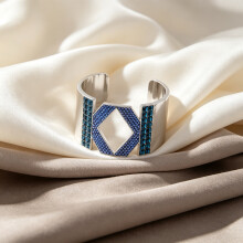 2026 New Bracelet Silver Wide Open Cuff Bracelet Two-Tone Square Blue Crystal Geometric Women Statement Bangle SOB0031