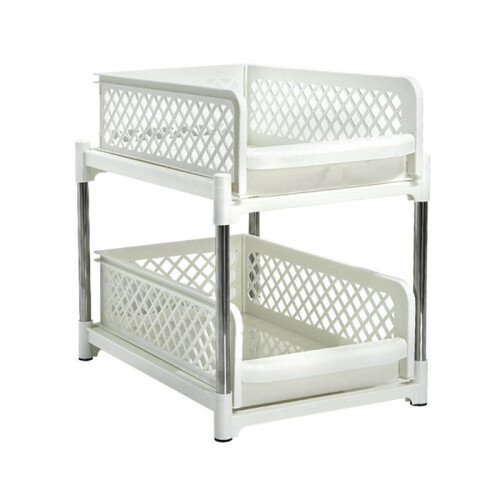 Space-Saving Design 2-Layer Organizer with Pull-Out Drawers, Sliding Bathroom and Kitchen Cabinet Storage White