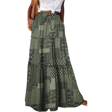 Falda Maxi Boho para Mujer Cintura Alta Corte en A Acampanada Verde XL — falda larga flores, ropa estilo hippie
