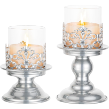 Glass Pillar Candle Holders Decorative Vintage Silver 2 pcs — table centerpiece, wedding decor, windproof lantern