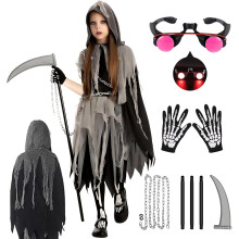 Mädchen Kostüm Halloween Sensenmann Skelett L — kinder horror verkleidung, grusel outfit fasching, grim reaper kostüm