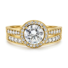 (R) Jewelco London Ladies Solid 9ct Gold Round Lab Created Diamond Wed-fit Halo & Half Eternity Travel Bridal Rings Set - LABJRN603+609
