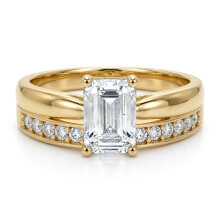 (N) Jewelco London Solid 9ct Gold Emerald Cut Lab Created Diamond Wed-fit Solitaire & Half Eternity Travel Bridal Rings Set - LABJRN597+609