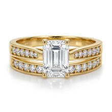 (O) Jewelco London Solid 9ct Gold Emerald Cut Lab Created Diamond Wed-fit Engagement & Half Eternity Travel Bridal Rings Set - LABJRN601+609