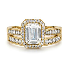 (N) Jewelco London Solid 9ct Gold Emerald Cut Lab Created Diamond Wed-fit Halo & Half Eternity Travel Bridal Rings Set - LABJRN607+609