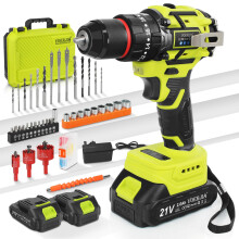 VOERJIA Cordless Drills, 21V Brushless Battery Drill with 2 Batteries 2000mAh, 20+3 Torque Electric Drills, 3/8" Chuck, 65N.m Max Hammer Drill, 2