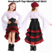 (Child White,XL)Halloween Pirate Cosplay Costume Set With Ruffle Long Dress For Girls Women