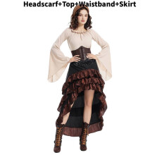 (Adult Apricot,S)Halloween Pirate Cosplay Costume Set With Ruffle Long Dress For Girls Women