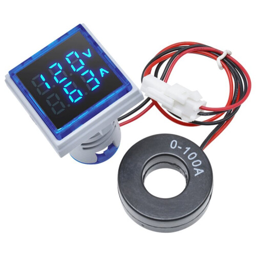 Dual Display Voltmeter & Ammeter LED Digital Voltage Gauge AC 50-380V 0-100A Current Meter Panel Tester Blå