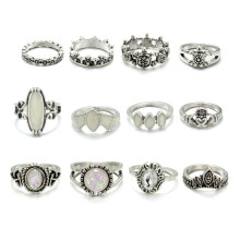 (Silver)Juego de 12 piezas de anillos retro de geometría de roca piedra de ópalo estrás esmalte anillo tallado