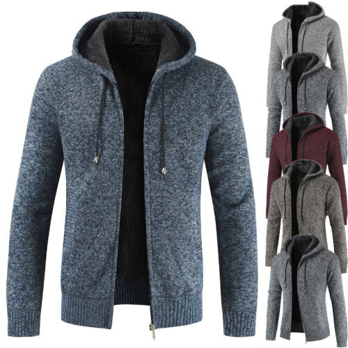(Blue,L)Pull homme à capuche hiver épais fermeture éclair pull pull à capuche manteau tricot 1
