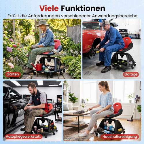 Garage Mechanic Stool Seat, 330 LBS, Red, Tool Tray