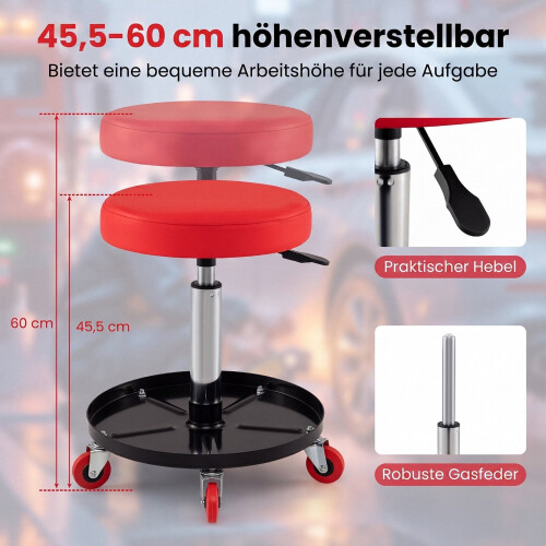 Adjustable Mechanic Stool with Wheels and Storage - Red