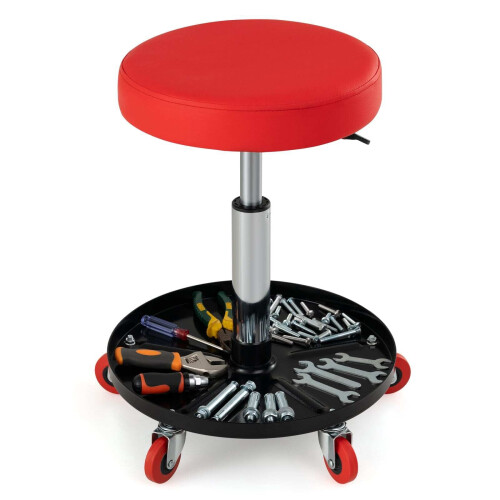Adjustable Mechanic Stool with Wheels and Storage - Red 1