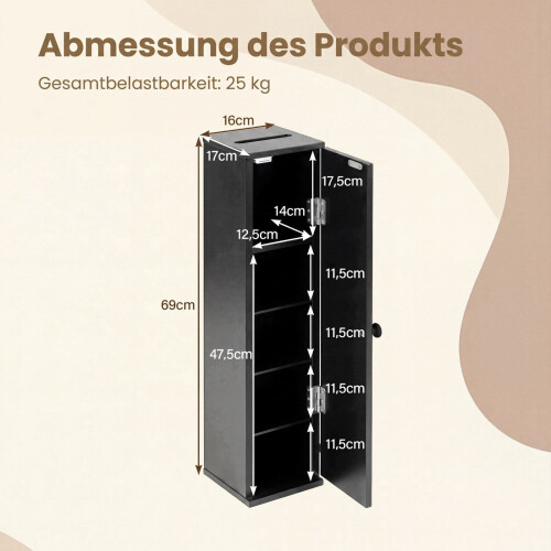 Slim Black Bathroom Cabinet, 16cm Wide, 3 Shelves 2