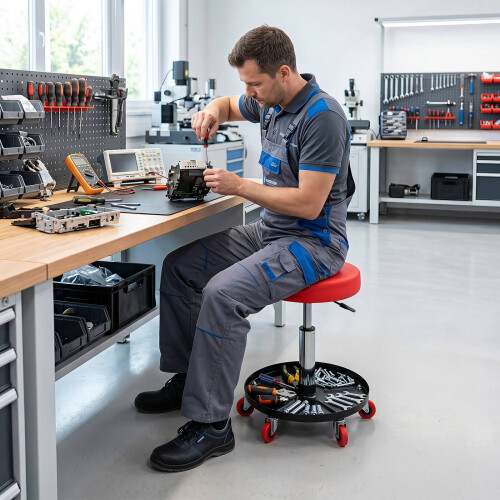 Adjustable Mechanic Stool with Wheels and Storage - Red 2