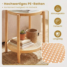Boho Round Side Table with Tempered Glass Top, Natural