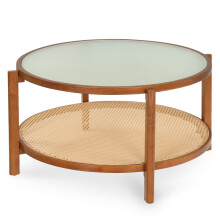 Rattan Coffee Table with Frosted Glass Top and Wood Legs