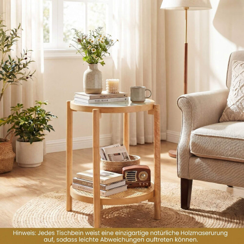 Boho Round Side Table with Tempered Glass Top, Natural 1