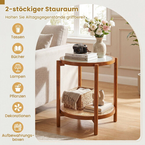 Boho 2-Tier Side Table with Tempered Glass Top, Walnut 1
