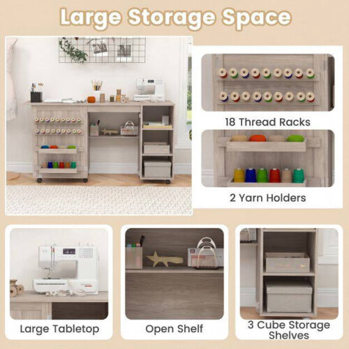 Folding Sewing Table with Storage Shelves and Casters 1