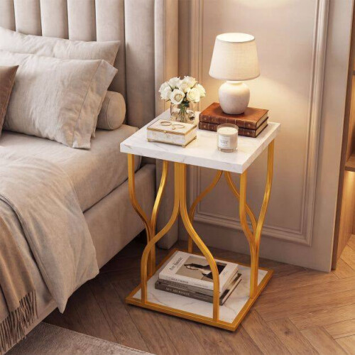 White Faux Marble Bedside Table with Gold Metal Frame 1