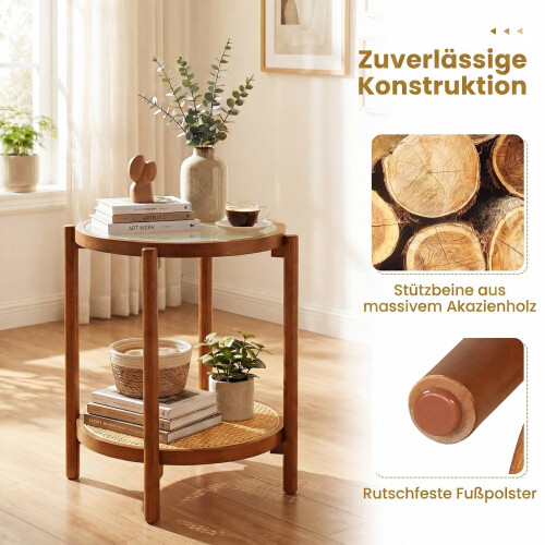 Boho 2-Tier Side Table with Tempered Glass Top, Walnut 2