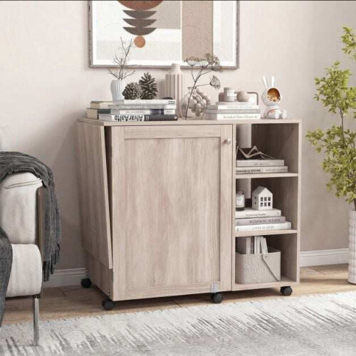 Folding Sewing Table with Storage Shelves and Casters 2