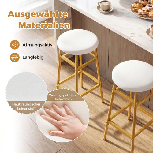 White Linen Bar Stools with Footrest, Set of 2 1