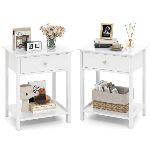 White Bedside Tables Set of 2 with Drawer & Shelf 2