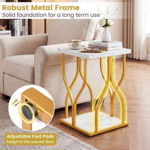 White Faux Marble Bedside Table with Gold Metal Frame 2