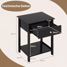 Black Bedside Tables Set of 2 with Drawer and Shelf