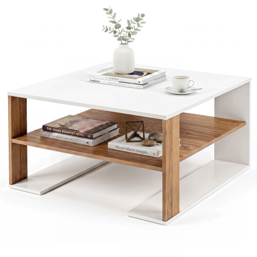 Modern White Square Coffee Table with Storage Shelf 2