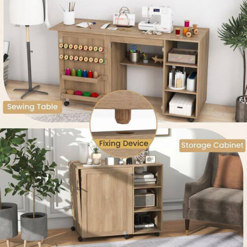 Folding Sewing Table with Storage Shelves, Brown MDF 1