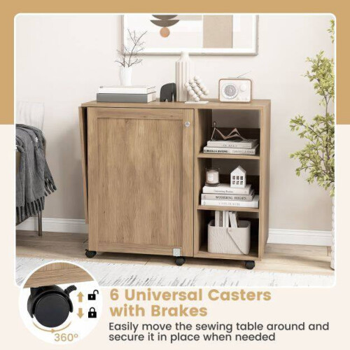 Folding Sewing Table with Storage Shelves, Brown MDF 2