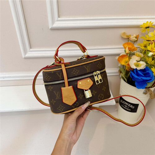 (Brown) Classic printed cylindrical small bag