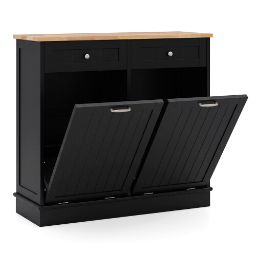 Black Waste Bin Cabinet with Rubberwood Top and Drawers 2