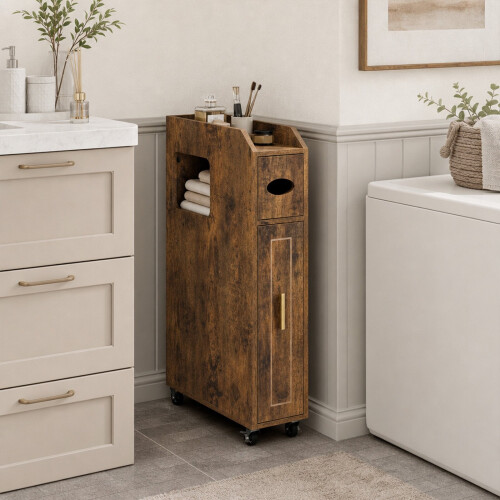 Narrow Brown Bathroom Cabinet with Drawer and Tissue Box 2