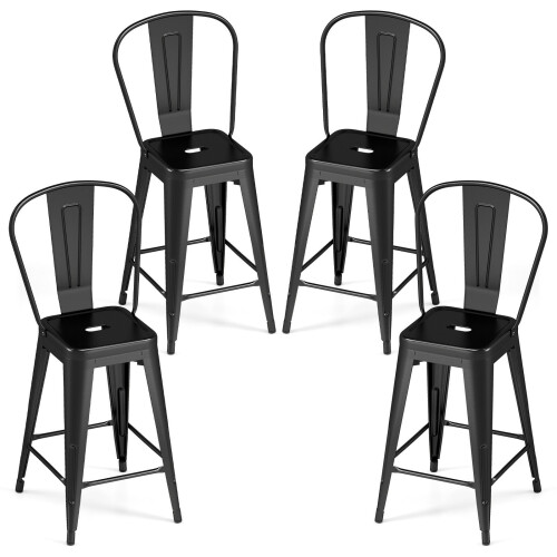Set of 4 Black Metal Bar Stools with Backrests 1