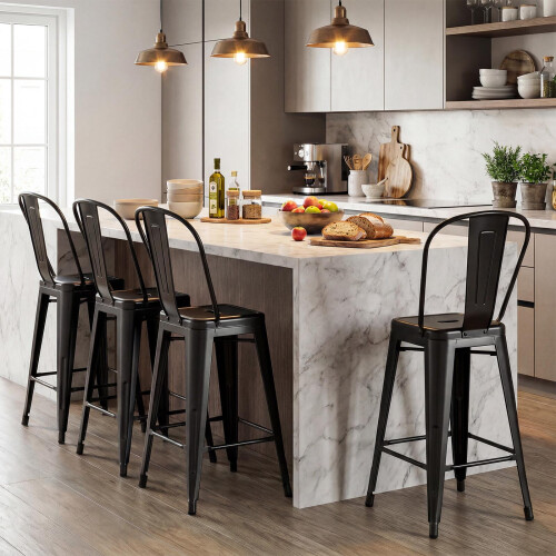 Set of 4 Black Metal Bar Stools with Backrests 2